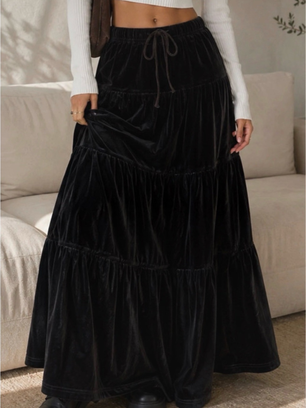 SHEIN Black Velvet Tiered Maxi Skirt with Drawstring Waist